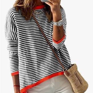 Womens Lightweight Cotton Sweater Long Sleeve Color Striped Casual Knitted